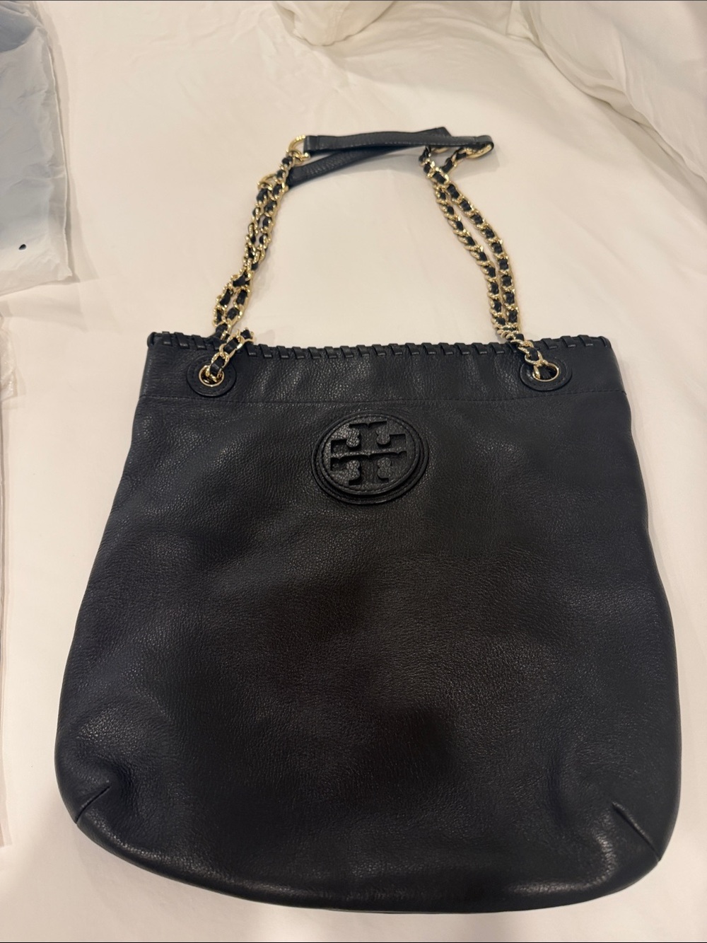 Tory Burch Black Pebbled Leather Shoulder Tote with Gold Chain Straps